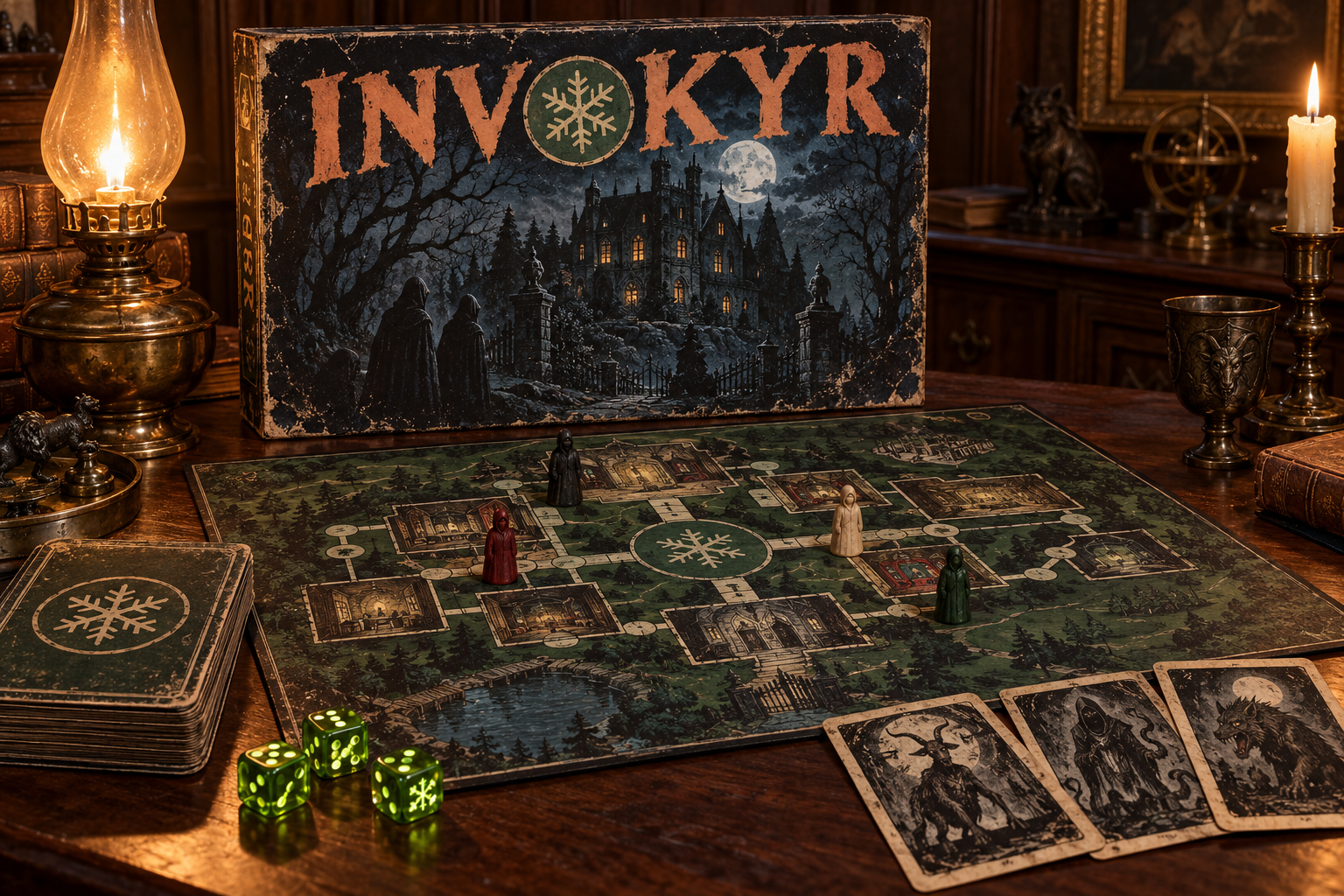 Worn Invokyr board-game box, occult board, green dice, and monster cards on a lamp-lit table.