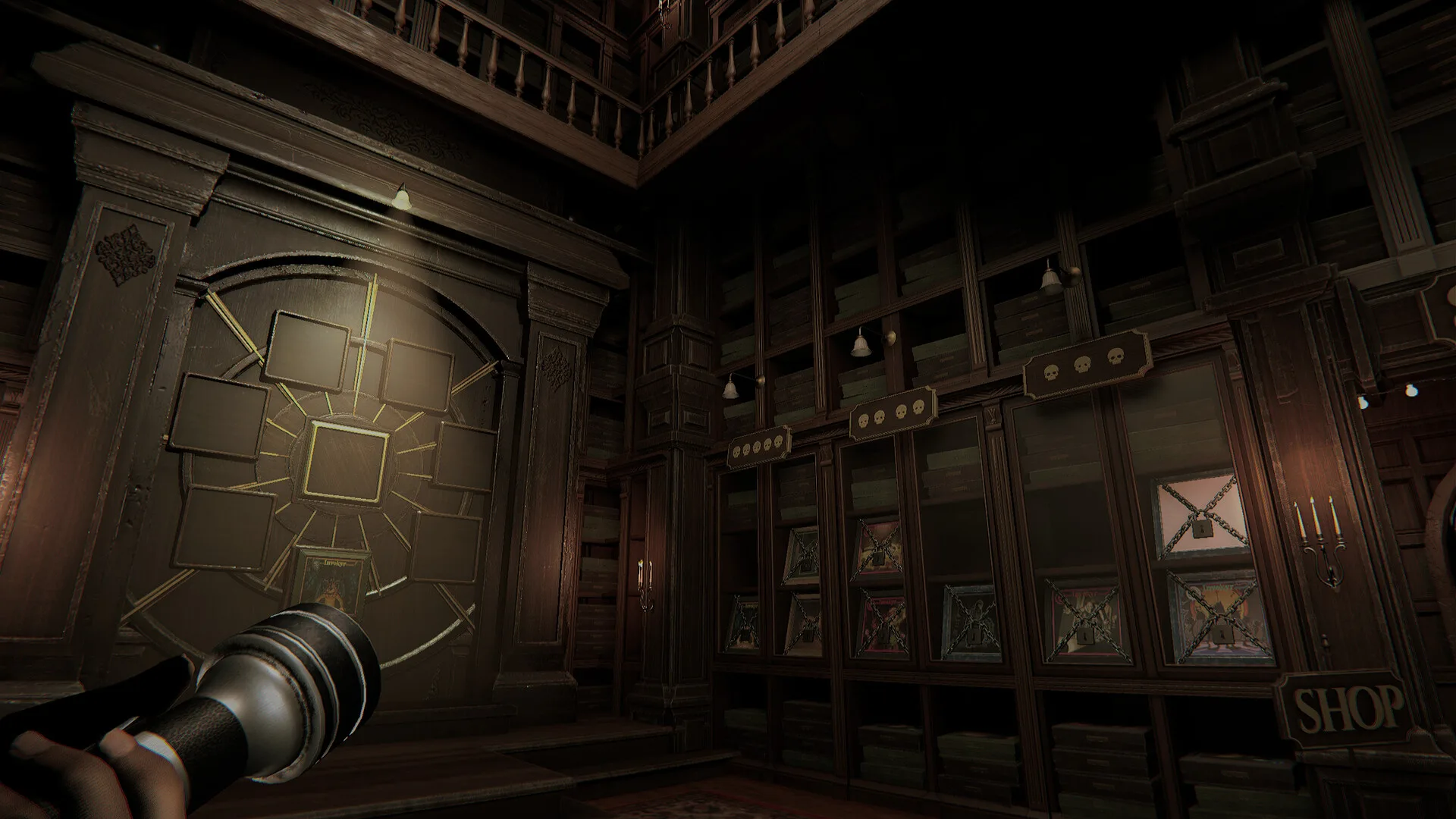 Invokyr library with a circular puzzle door, chained cabinets, and a wooden Shop sign.